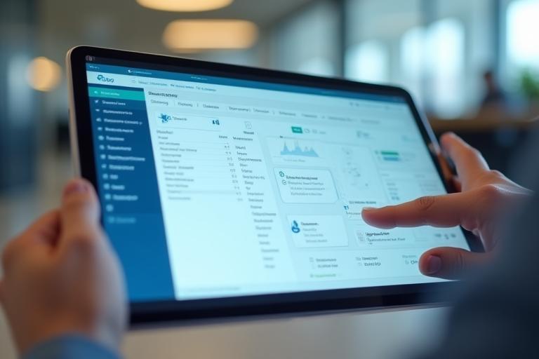 Närbild av SveaSofts hotellprogramvara på en surfplatta