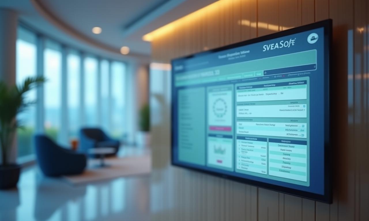 Modern hotellobby med en digital skärm som visar SveaSofts mjukvara